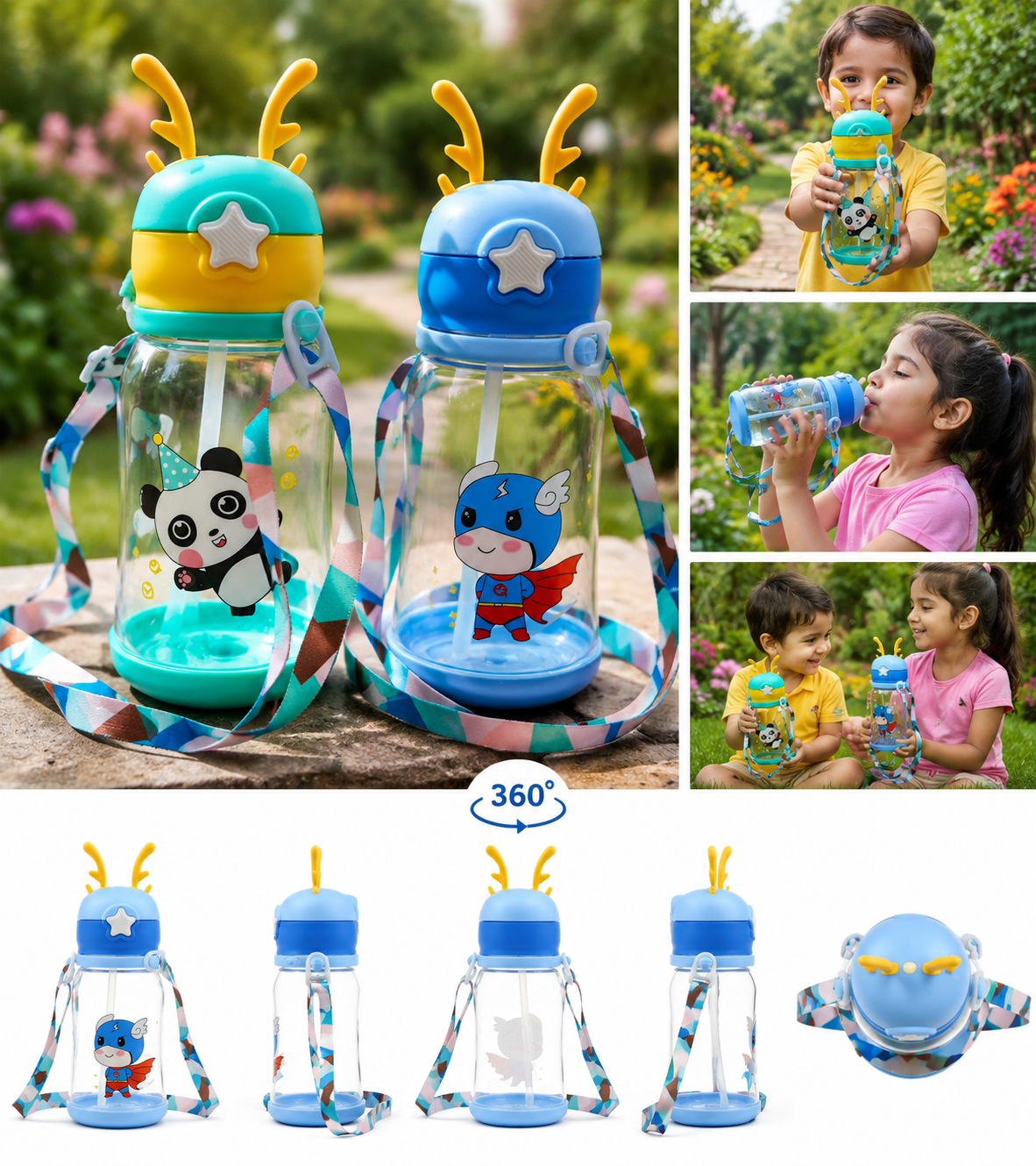 500ML Kids Water Bottle With Straw Cute Leakproof for school (Multicolor) | Pack of 10 - Image 3