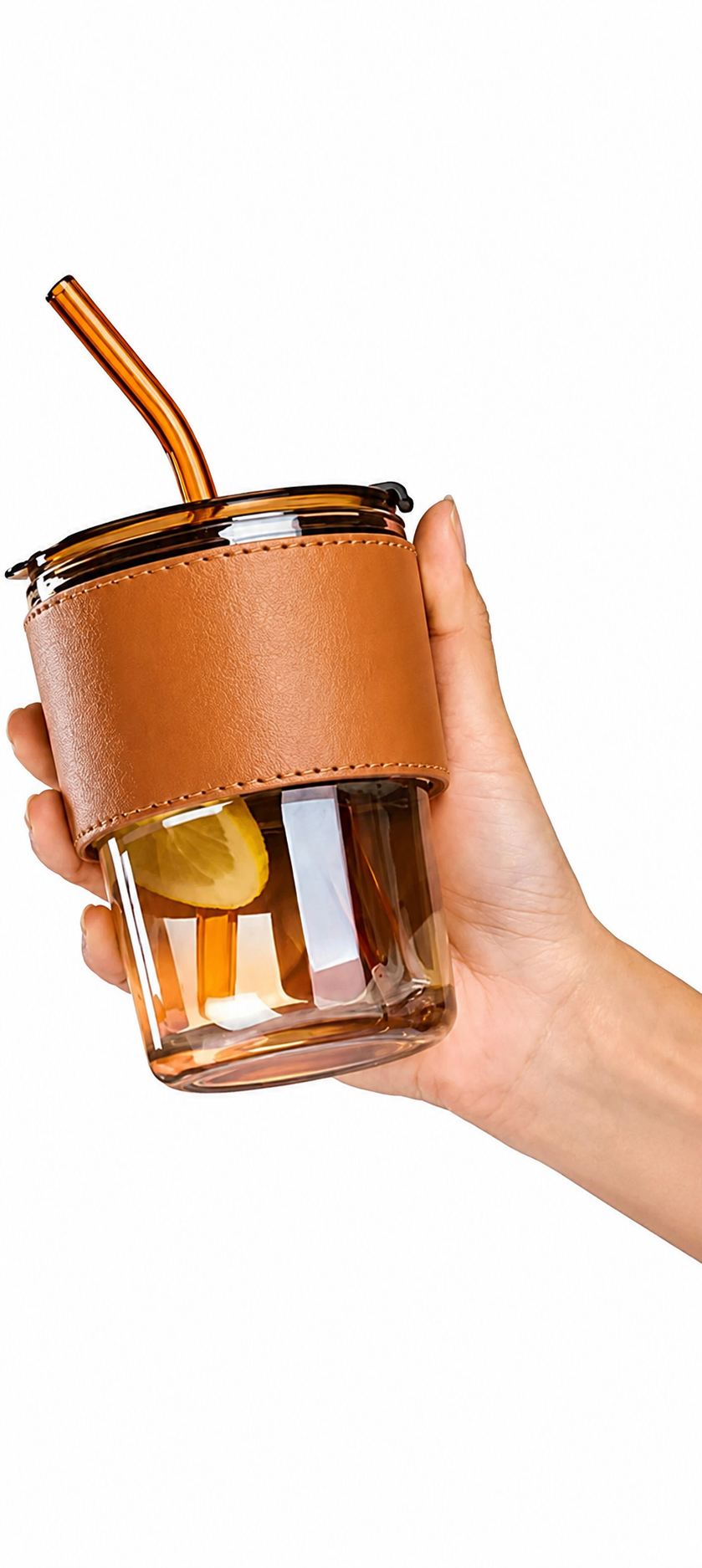 Glass Coffee Tumbler With Leather Grip Straw Sipper Juice Cocktail Smoothies Glass Coffee Mug | Pack of 6| (400 ml) - Image 3