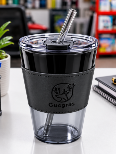 Glass Coffee Tumbler With Leather Grip Straw Sipper Juice Cocktail Smoothies Glass Coffee Mug | Pack of 6| (400 ml)