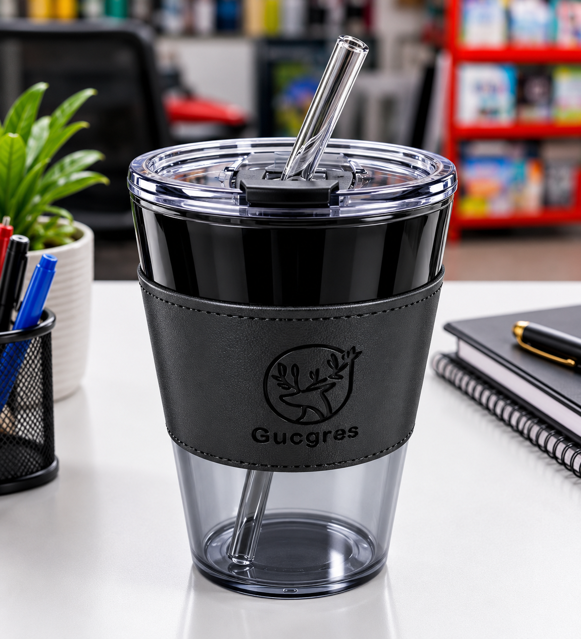 Glass Coffee Tumbler With Leather Grip Straw Sipper Juice Cocktail Smoothies Glass Coffee Mug | Pack of 6| (400 ml)