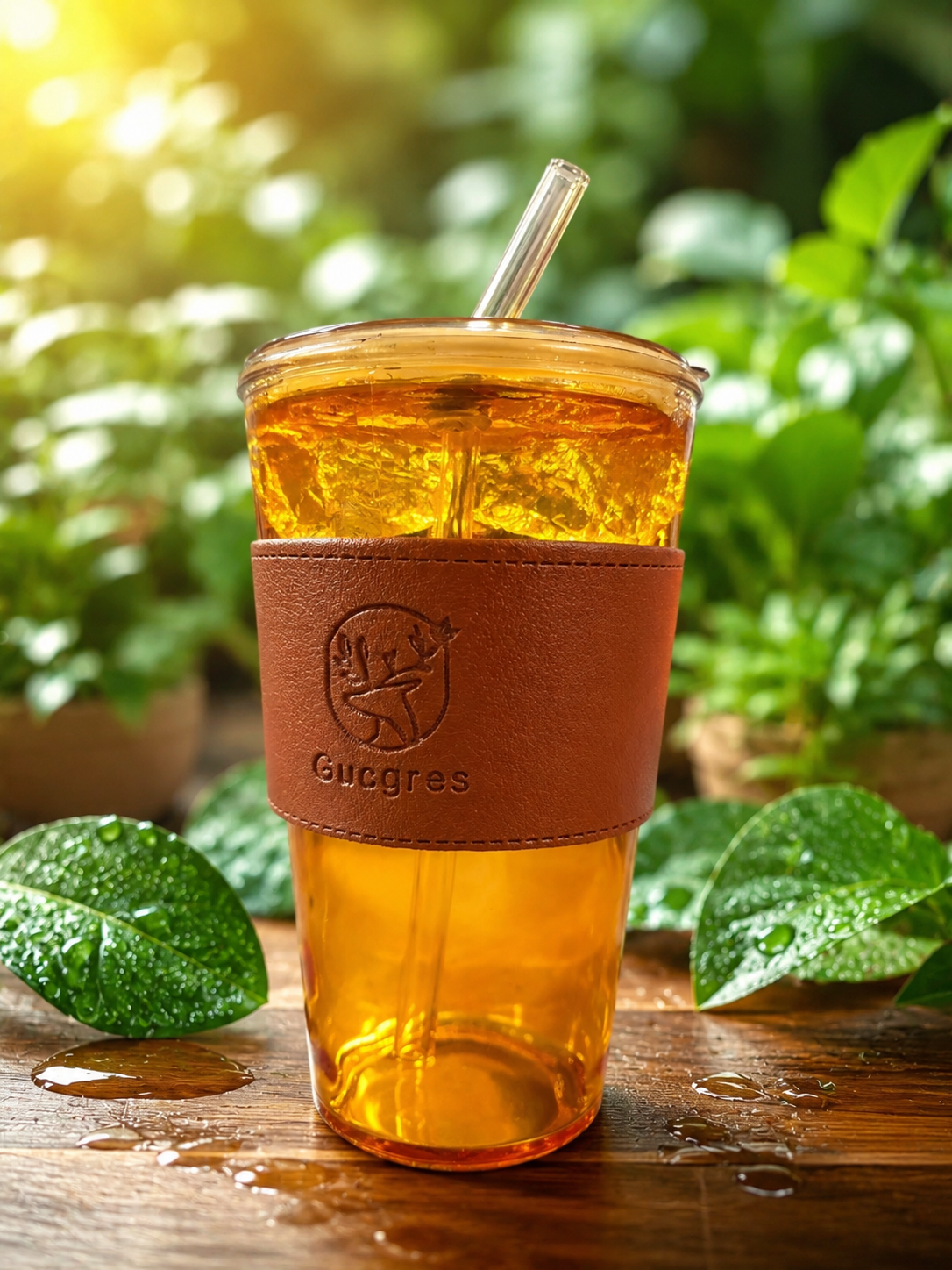 Glass Coffee Tumbler With Leather Grip Straw Sipper Juice Cocktail Smoothies Glass Coffee Mug | Pack of 6| (400 ml) - Image 2